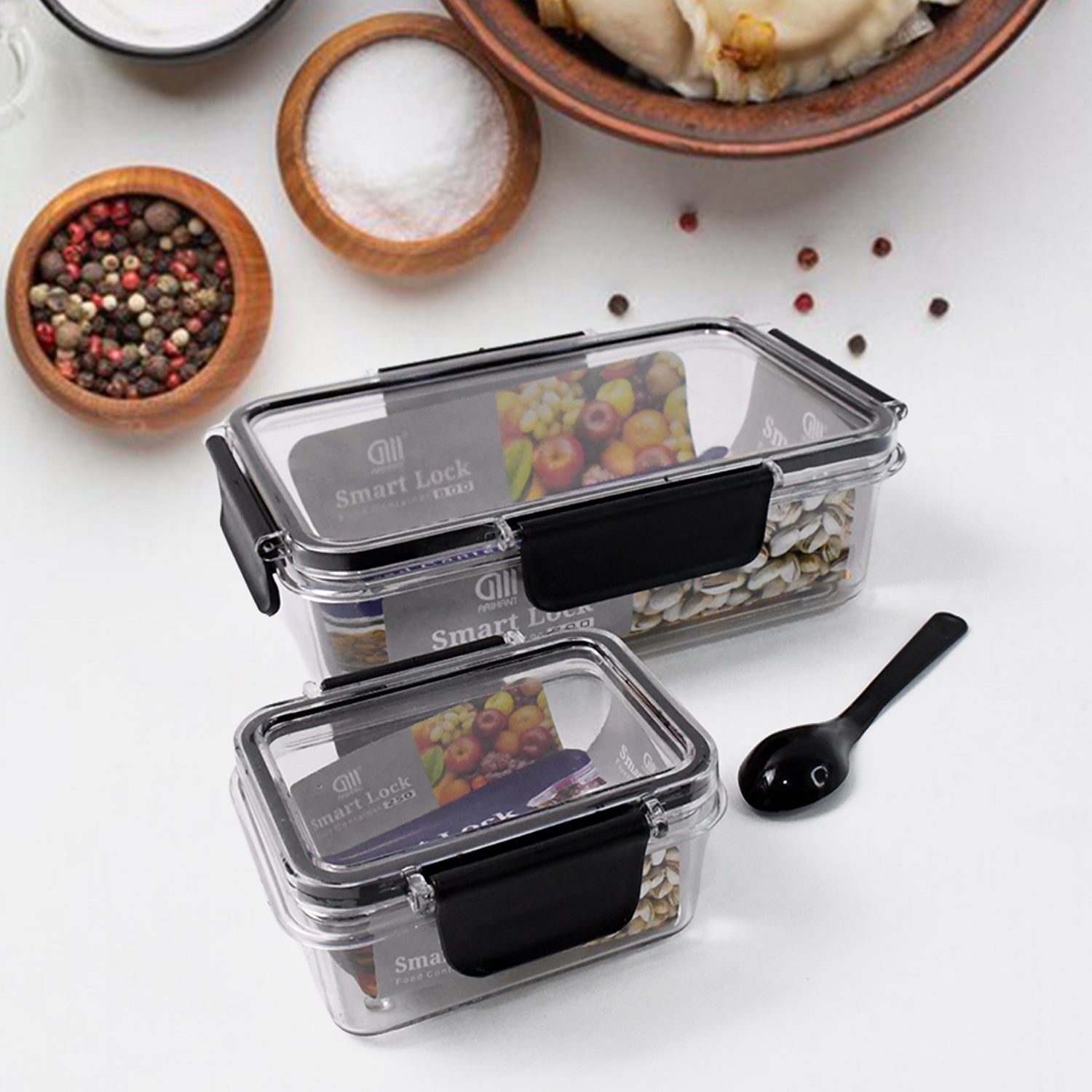 Plastic Kitchen Storage Container Big 800 ML & Small 250 ML Air Seal Lock Lid & Spoon