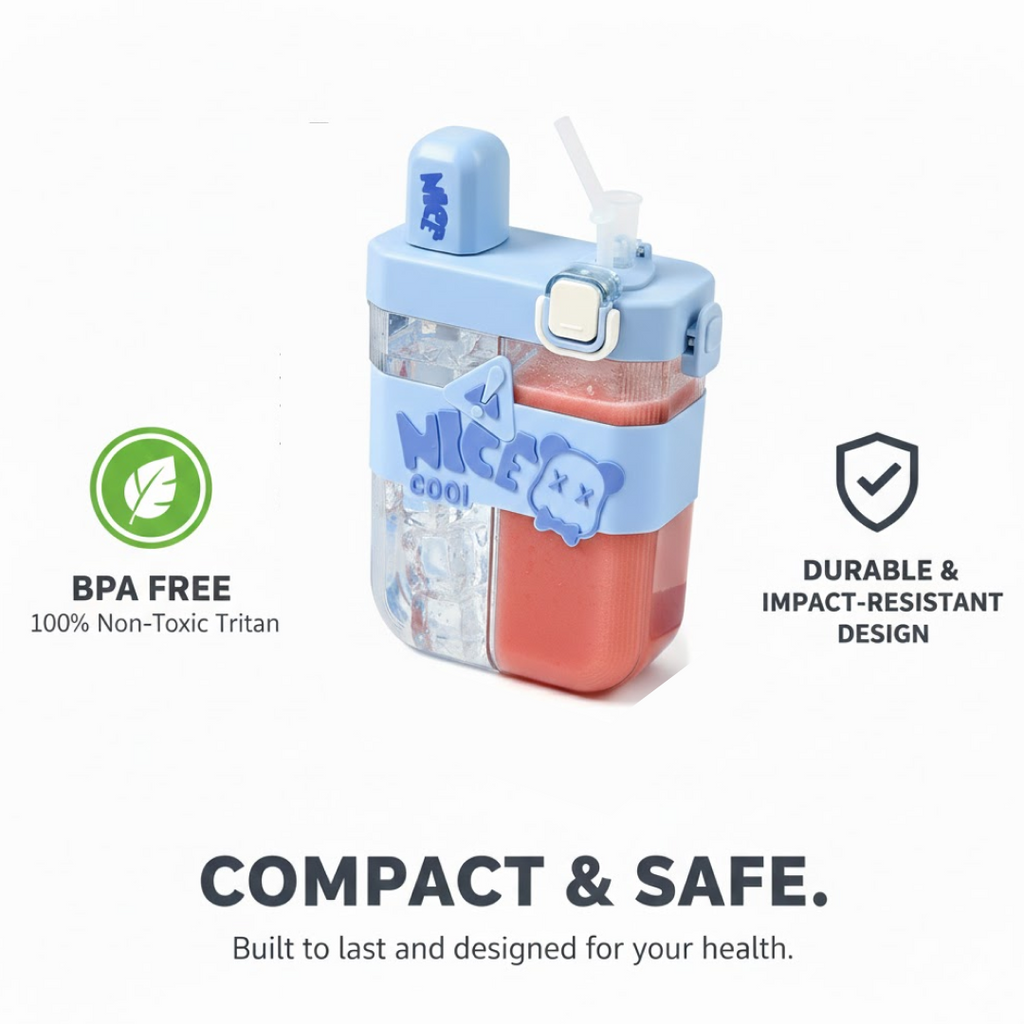2in1 Dual Compartment Water Bottle with Straw & Adjustable Shoulder Straps (1 Pc/Multi color)