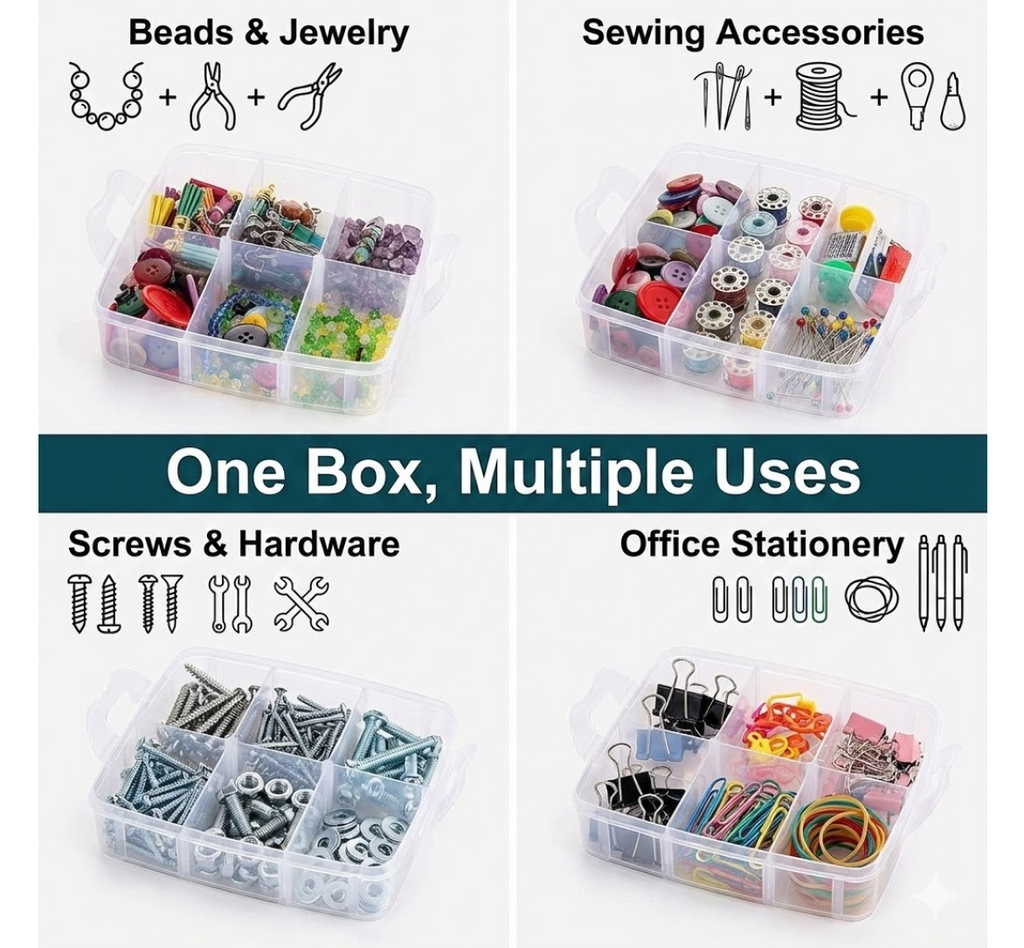 3-Tier Transparent Craft Storage Box with 18 Adjustable Compartments
