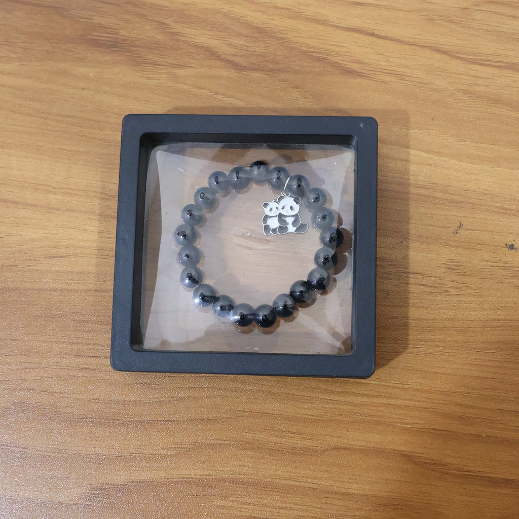 Premium Black Beaded Stretch Bracelet with Cute Panda Charm (1 Pc)